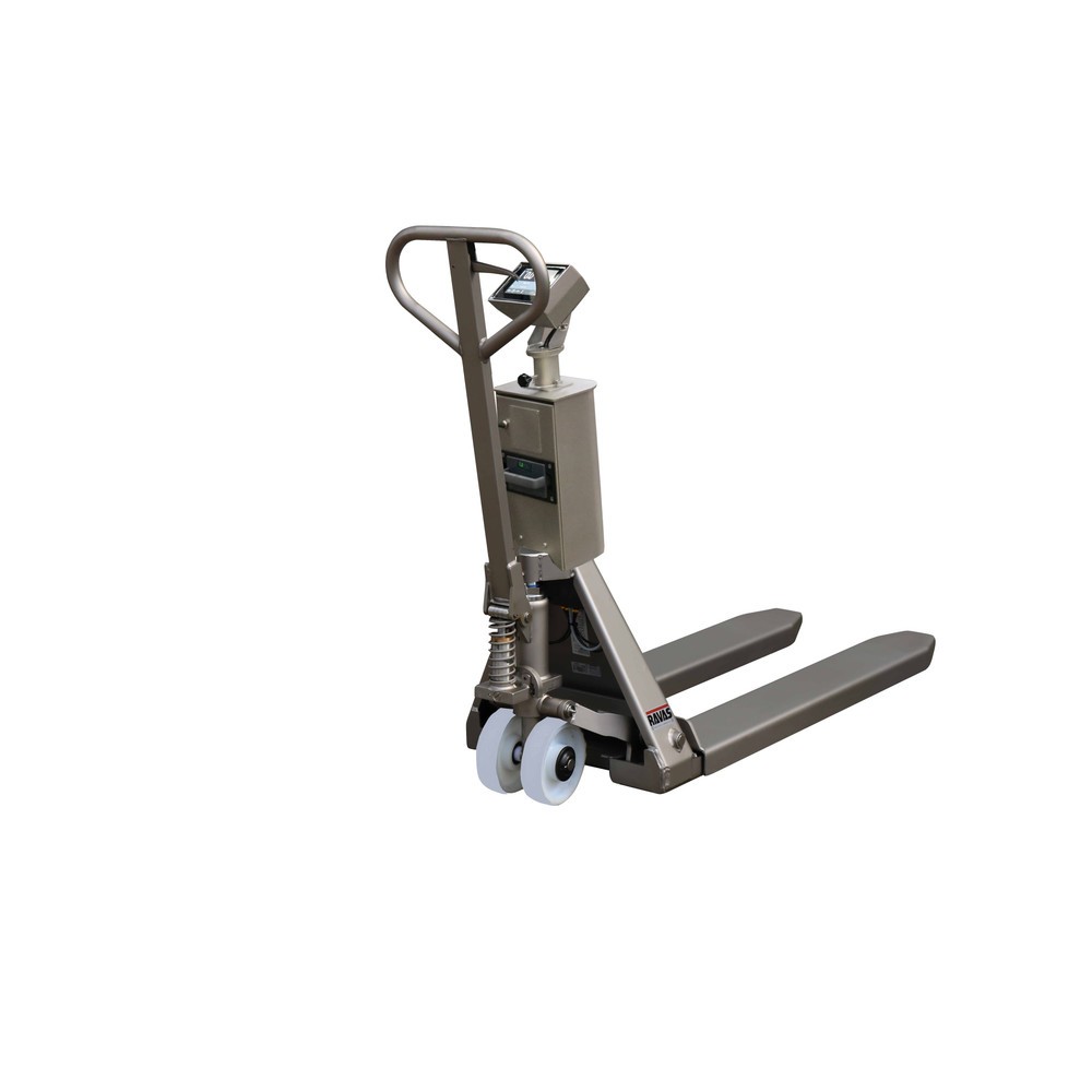 Imagem do produto: Ravas porta-paletes em aço inoxidável com balança INOX PRO com visor com intervalos múltiplos Touch, capacidade de carga de 2000 kg, comprimento dos garfos 1150 mm, poliamida, rodas tandem