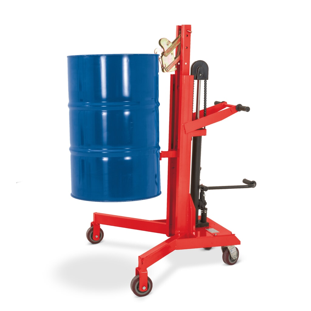 Elevador de barris com elevação por pedal, recolha através do canto, altura de elevação de 500 mm, capacidade de carga de 450 kg, rAL 3020 vermelho tráfego Imagem do produto n.º 1: Elevador de barris com elevação por pedal, recolha através do canto, altura de elevação de 500 mm, capacidade de carga de 450 kg, rAL 3020 vermelho tráfego