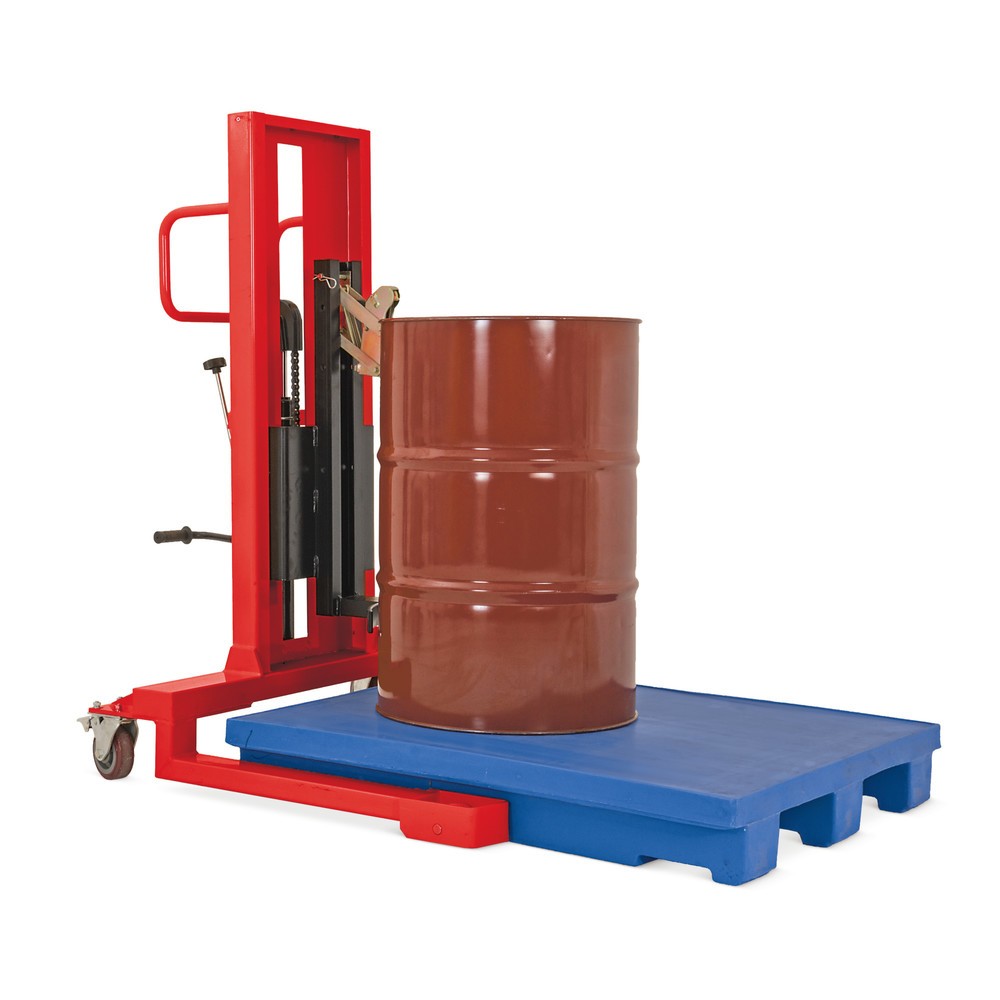 Imagem do produto: Elevador de barris com elevação por pedal, recolha frontal, altura de elevação de 750 mm, capacidade de carga de 350 kg, rAL 3020 vermelho tráfego