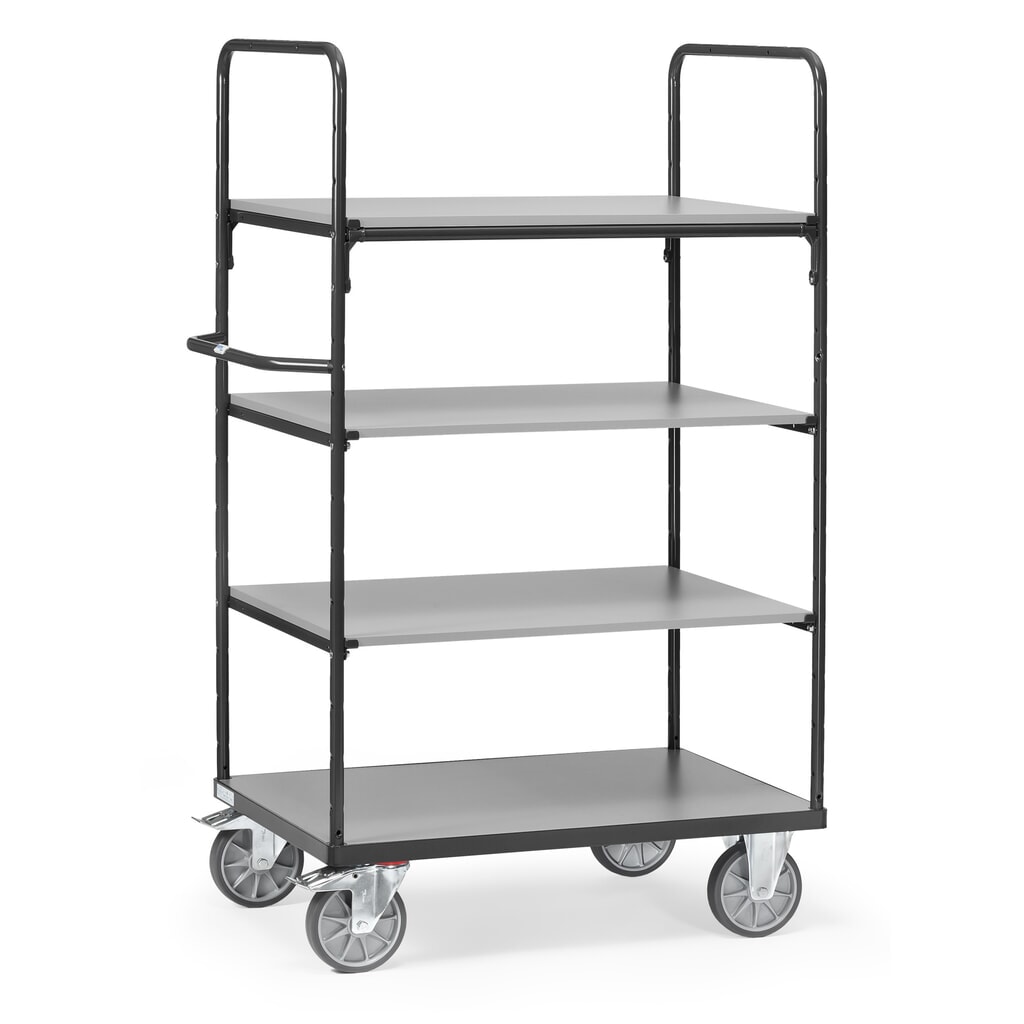 fetra® carros de pisos múltiplos com pisos em madeira, 4 pisos de 1000 x 600 mm, altura 1800 mm, cinzento antracite Imagem do produto: fetra® carros de pisos múltiplos com pisos em madeira, 4 pisos de 1000 x 600 mm, altura 1800 mm, cinzento antracite