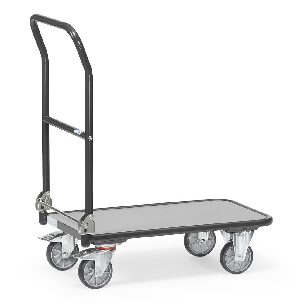 Imagem do produto: fetra® carro de plataforma com superfície de carregamento em madeira, arco em U articulado, LxP 450 x 720 mm, capacidade de carga de 250 kg, cinzento antracite