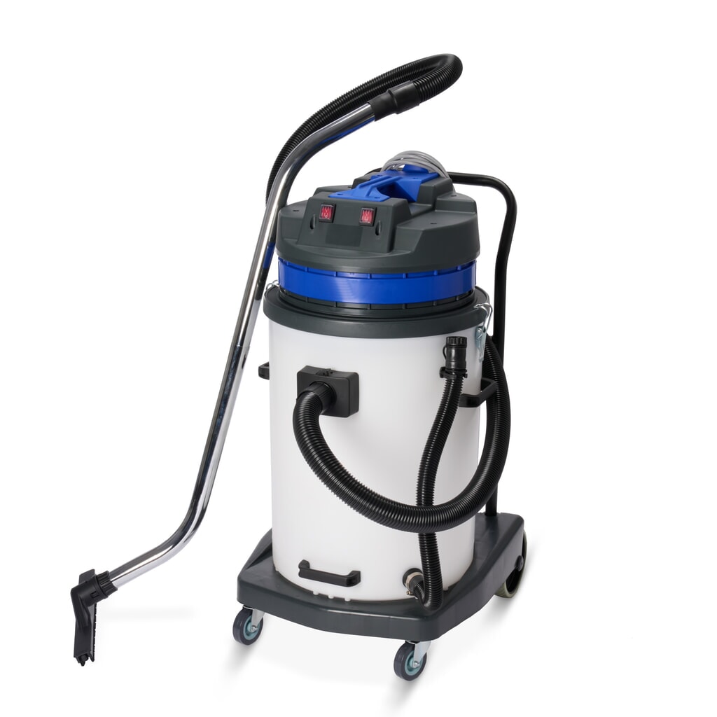 Imagem do produto: HEMMDAL Industriesauger, nass + trocken, Kunststoffbehälter, 2.000 W, 70 l, Kippfahrgestell, Schiebebügel, Ablass-Schlauch