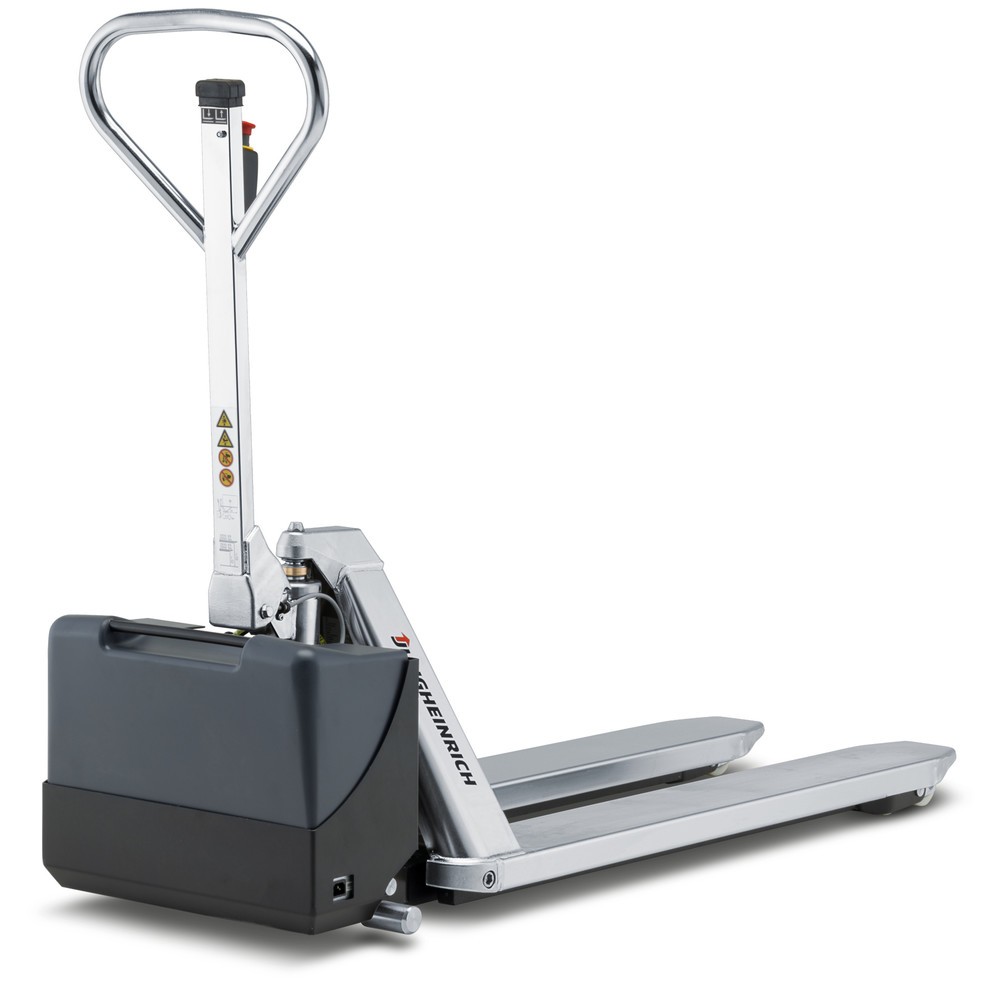 Imagem do produto: Jungheinrich porta-paletes de tesoura em aço inoxidável AMX I15e, capacidade de carga de 1500 kg, comprimento do garfo de 1200 mm, nylon.