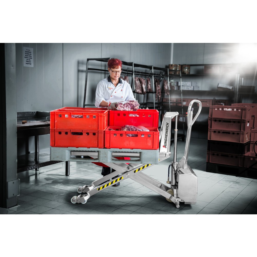 Imagem do produto n.º 2: Jungheinrich porta-paletes de tesoura em aço inoxidável AMX I15ep – Professional, capacidade de carga de 1500 kg, comprimento do garfo de 1200 mm, nylon.