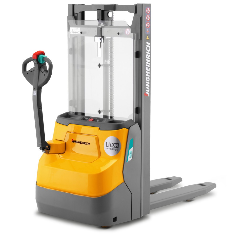 Imagem do produto: Jungheinrich porta-paletes elétrico EJC110i ZT, mastro de elevação telescópico duplo, altura de elevação de 2390 mm, capacidade de carga de 1000 kg, sistema hidráulico proporcional.