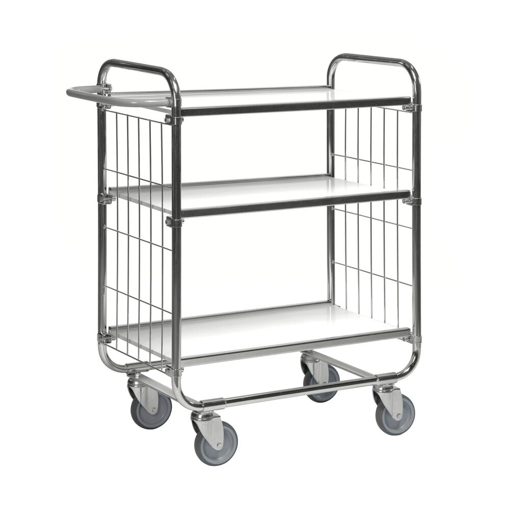 Imagem do produto: Carro de pisos múltiplos Kongamek, zincado, 2 painéis de grade, 3 prateleiras laminadas de 620 x 425 mm