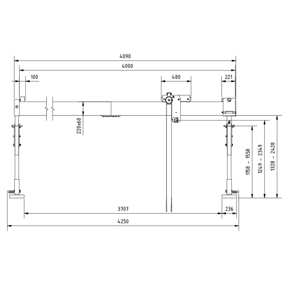 Imagem do produto n.º 2: SCHILLING guindaste de pórtico em alumínio com suporte divisível, ponto de suspensão 1249–2349 mm, comprimento 4000 mm, capacidade de carga 500 kg