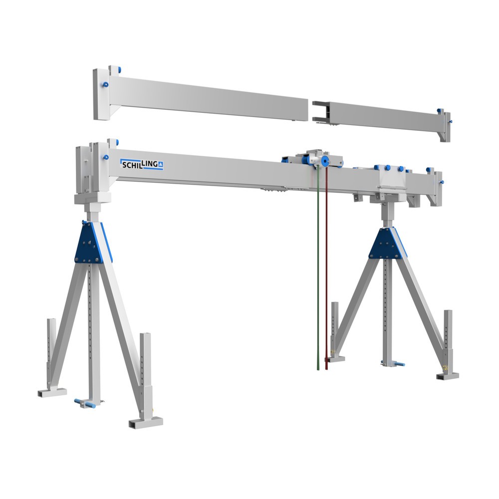 Imagem do produto: Guindaste de pórtico em alumínio SCHILLING com suporte duplo divisível, ponto de suspensão 2155-3655 mm, comprimento 6000 mm, capacidade de carga de 1.000 kg