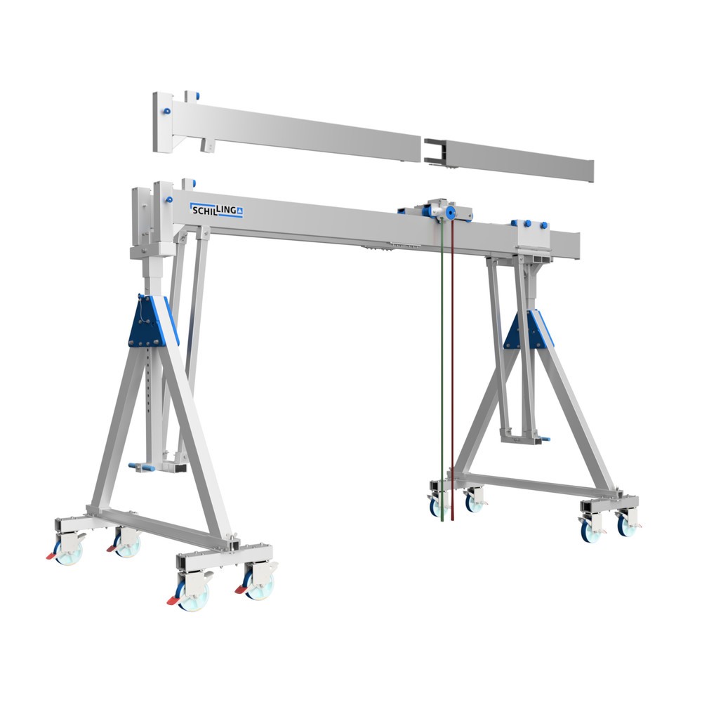 Imagem do produto: Guindaste de pórtico em alumínio SCHILLING com suporte duplo divisível, móvel, ponto de suspensão 2613-3363 mm, comprimento 6000 mm, capacidade de carga de 2.000 kg