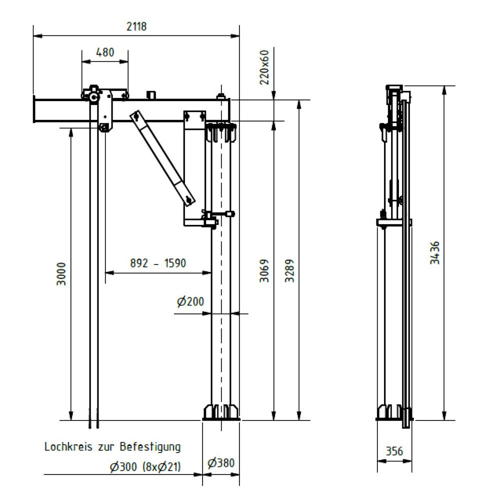 Imagem do produto n.º 2: SCHILLING guindaste basculante de alumínio, ponto de suspensão 3000 mm, lança 2000 mm, capacidade de carga 250 kg