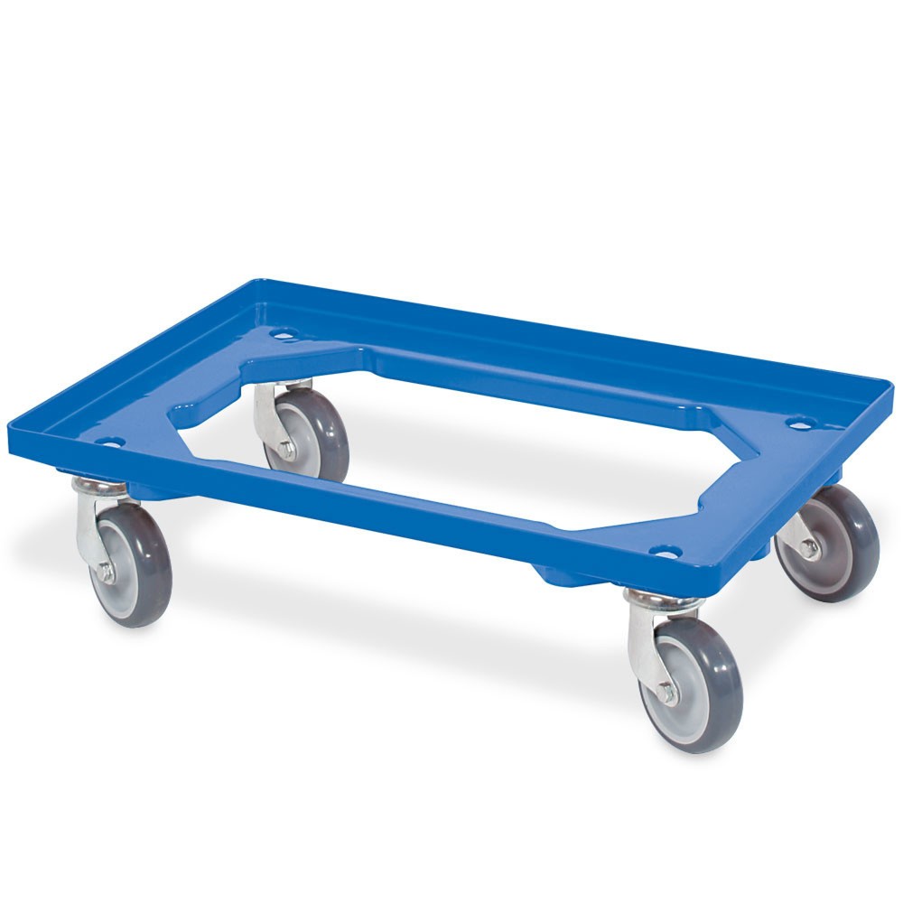 Imagem do produto: Patim de carga para contentores Euro empilháveis 600 x 400 mm, azul, 4 rodas-guia, rodas de borracha cinzentas