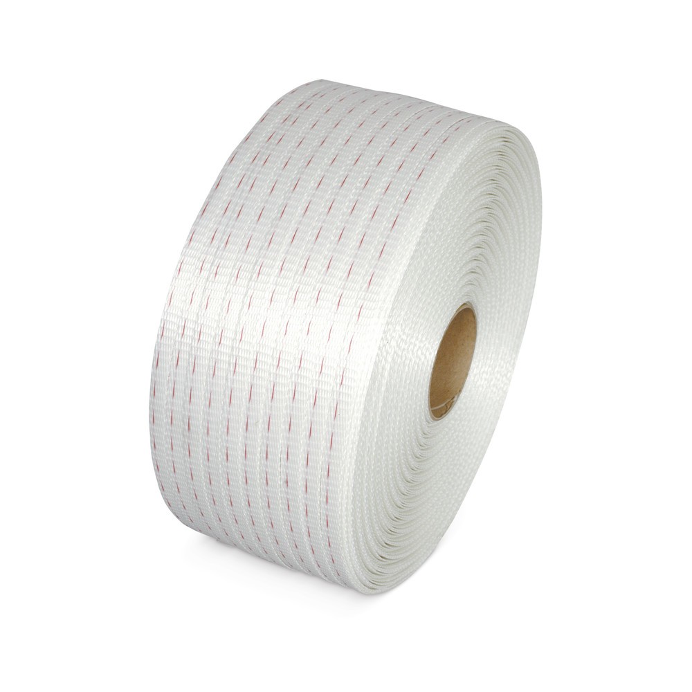Imagem do produto: Fita de cintagem em poliéster, tecida, 19 mm x 500 m, diâmetro do núcleo 76 mm, branca